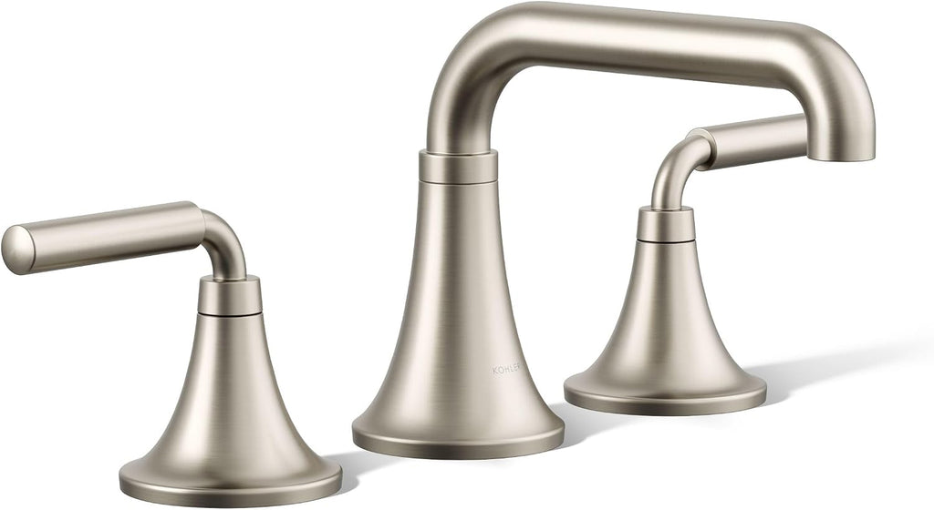 KOHLER K-27416-4-BN Tone™ Widespread Bathroom Sink Faucet, 3-Hole, Widespread Bathroom Faucets with Two Lever Handles and Clicker Drain, 1.2 GPM, Vibrant Brushed Nickel