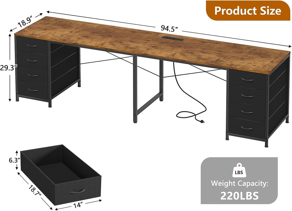 YOMILUVE 95'' Two Person Desk with 8 Drawers, Long Office Desk with Charging Station, 2 Person Desks Double Desk Writing Study Table for Home Office, Brown and White, Brown and Black