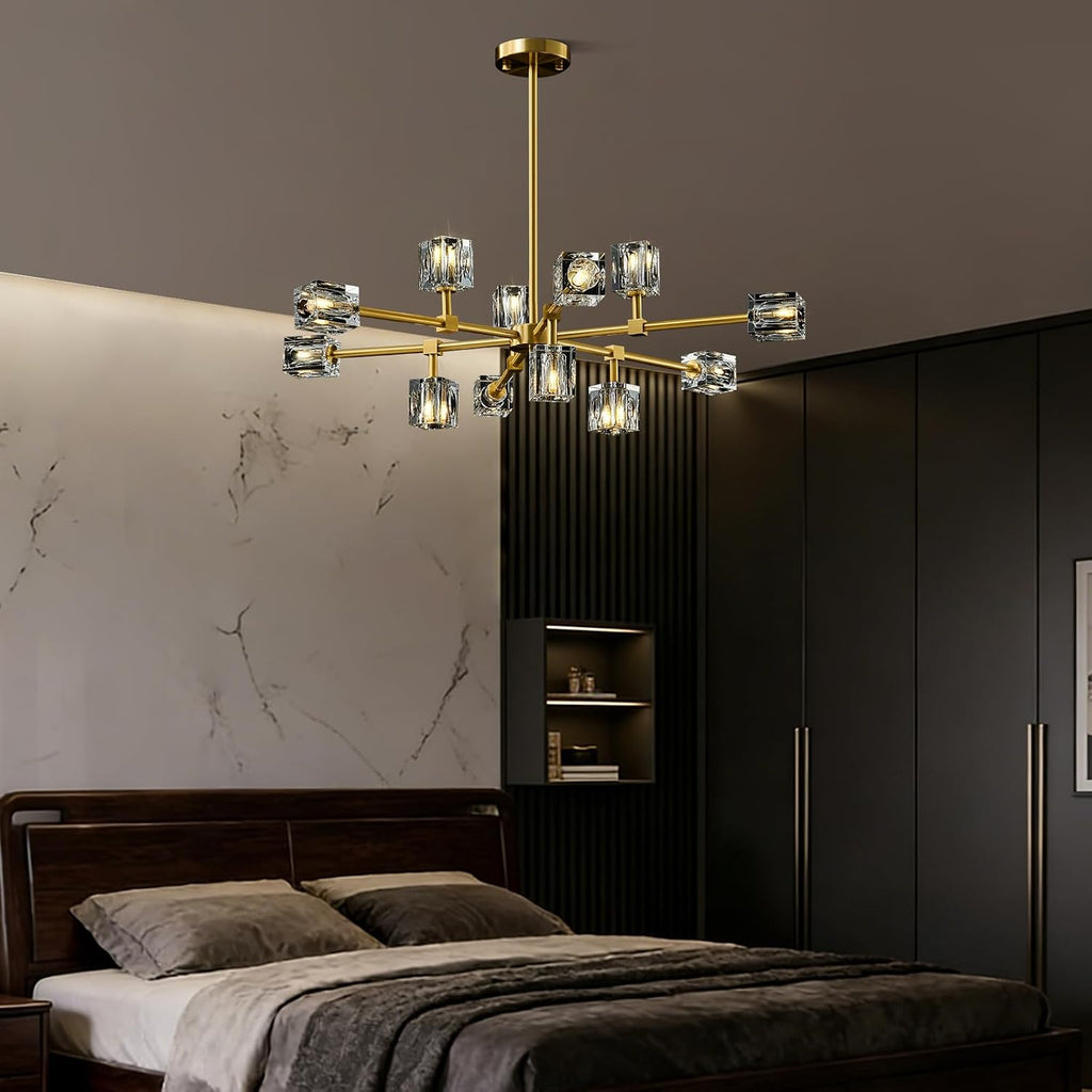 Modern Sputnik Crystal Kitchen Chandelier - Luxury Elegant 12 Light Adjustable Height Pendant Lighting Ceiling Fixture - Gold Brushed Brass Chandeliers for Dining Room Living Room Island Table Bedroom