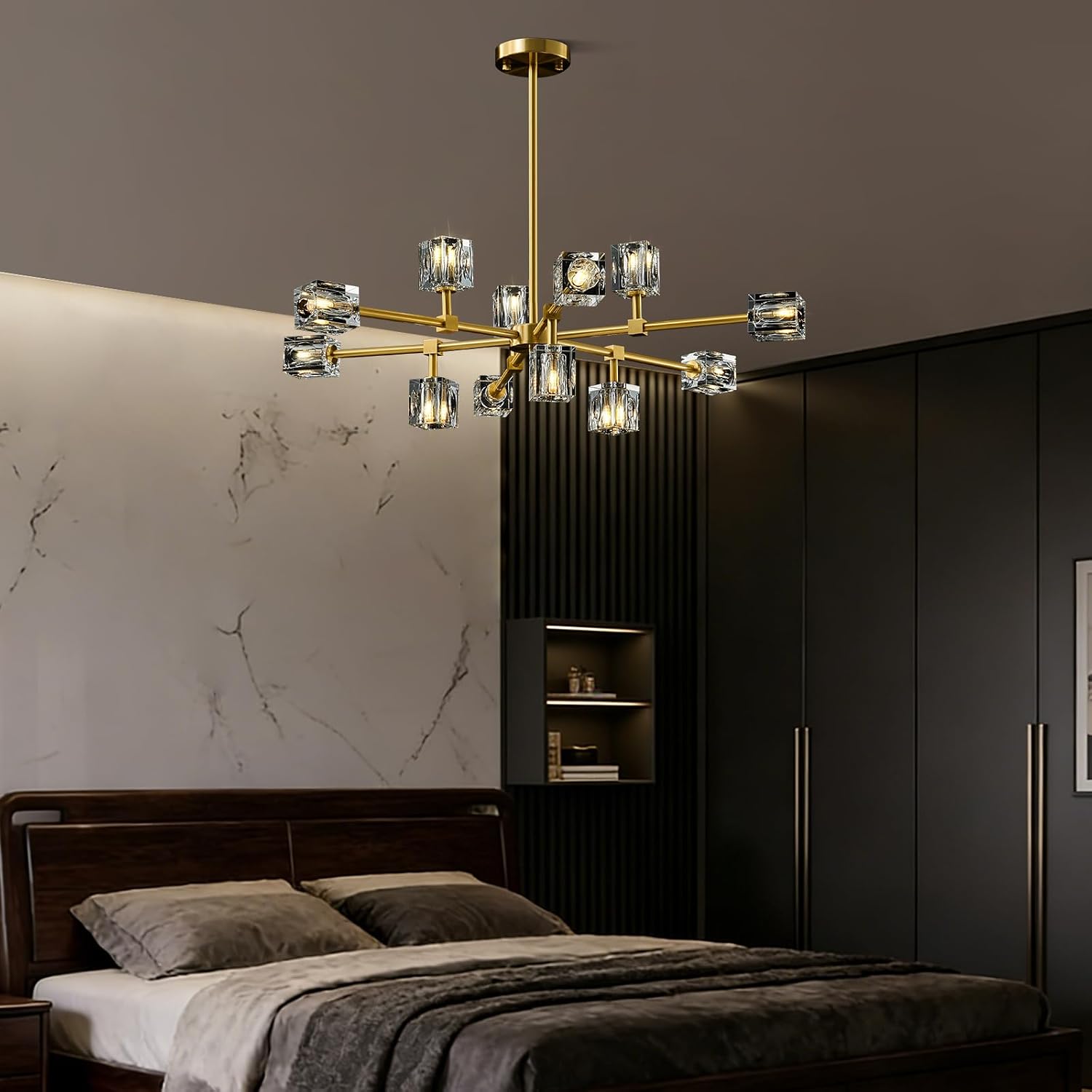 Modern Sputnik Crystal Kitchen Chandelier - Luxury Elegant 12 Light Adjustable Height Pendant Lighting Ceiling Fixture - Gold Brushed Brass Chandeliers for Dining Room Living Room Island Table Bedroom