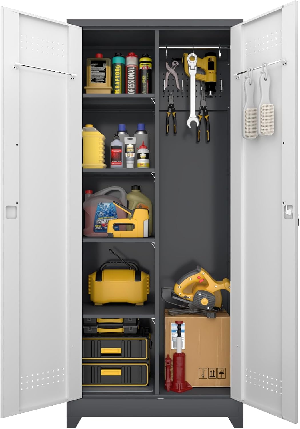 LUCYPAL Broom Storage Cabinet with Locking Doors and Shelves,Broom Closet Storage Cabinet with Hanging Rod and Hooks,Metal Garage Cabinets for Kitchen,Bathroom,Office 72.8' H White&Grey