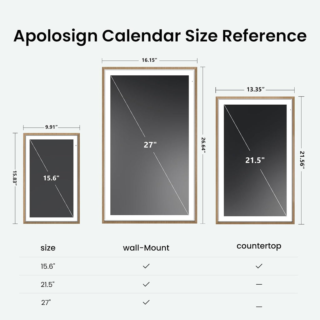 Apolosign 27-inch Digital Calendar : Dual Mode Smart Wall Planner, No Subscription, Install Apps, Sync Calendars, Electronic Touchscreen Interactive Display for Family Schedules, Chore Chart - with Stand (Teak)