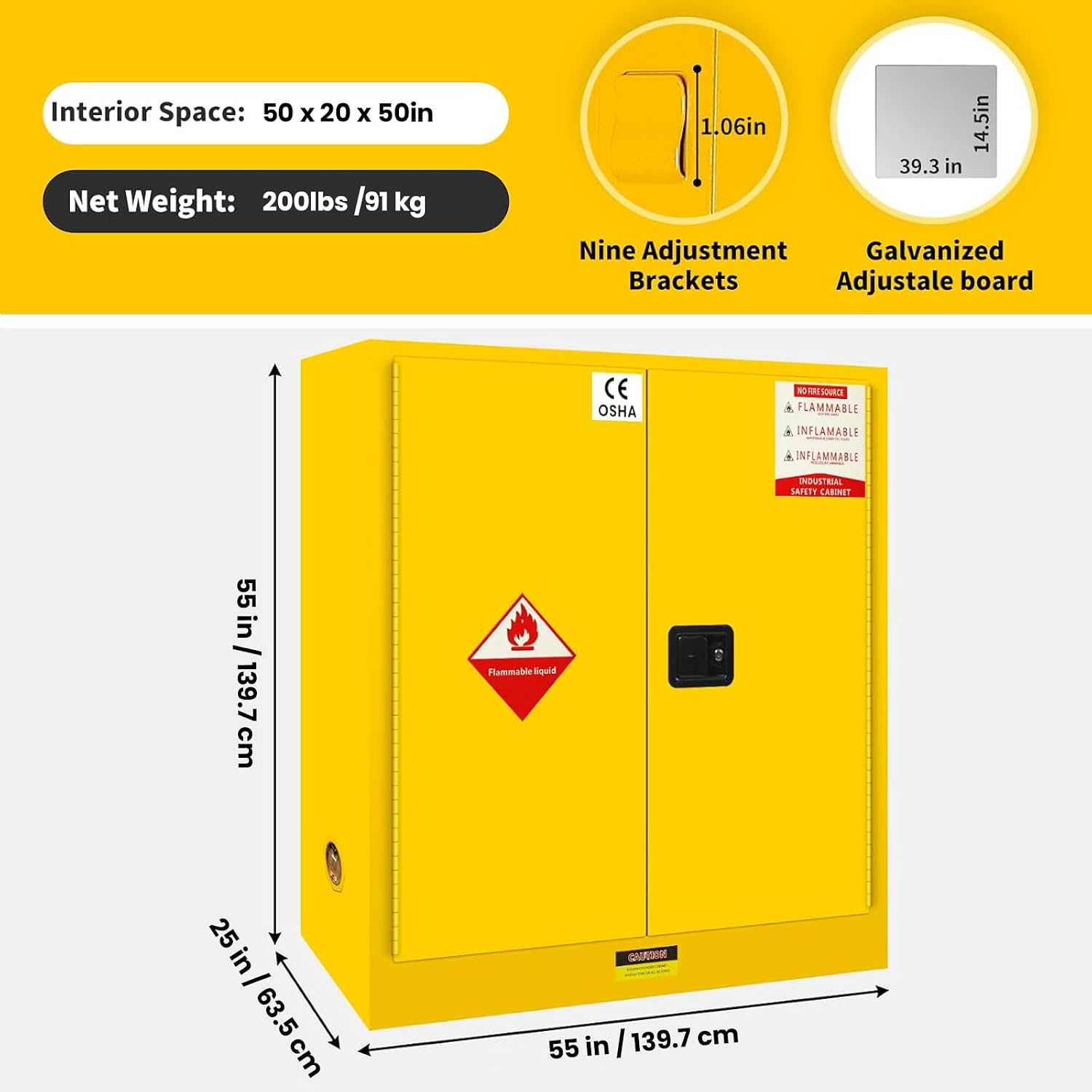 257 Gallon Flammable Cabinet 55H x 25W x 55D, Galvanized Steel Flammable Storage Cabinet, Adjustable Shelf for Commercial Industrial Home Use