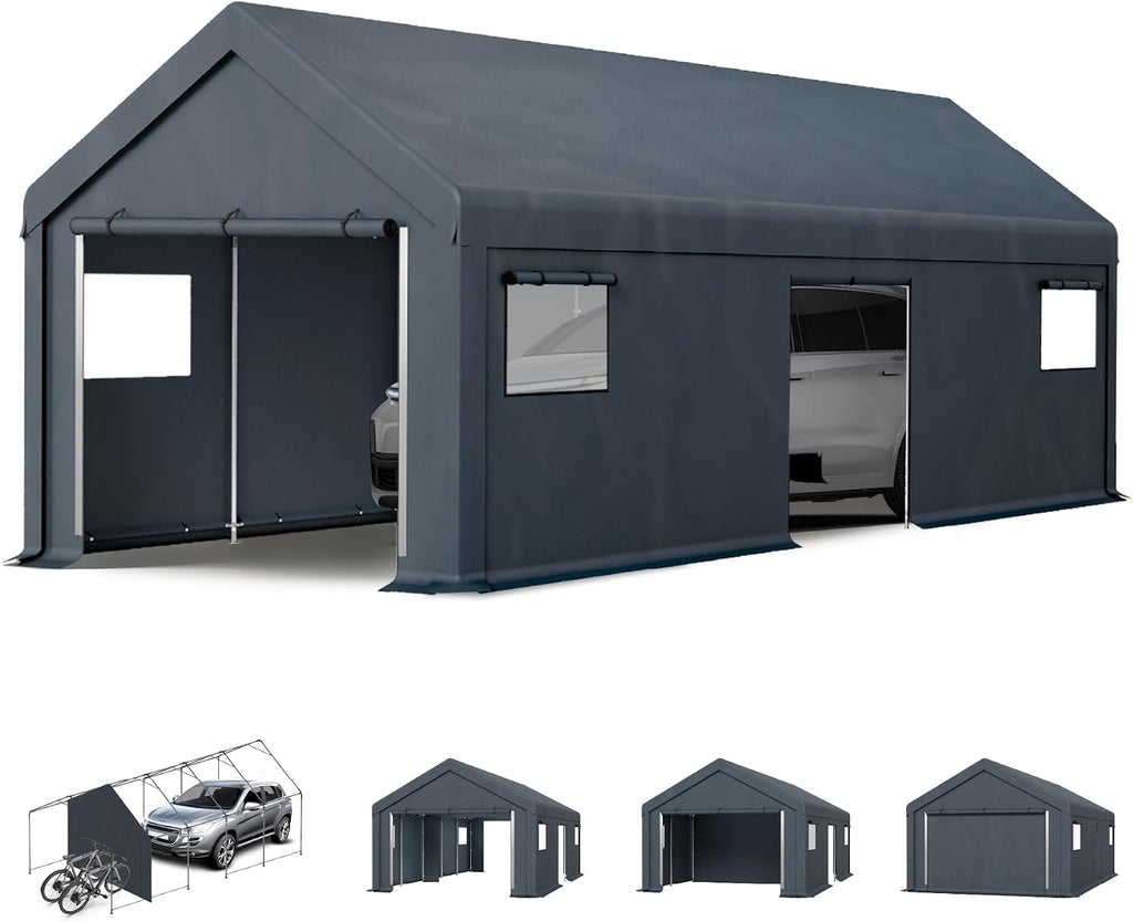 MFSTUDIO Portable Carport Garage,13x24 Car Tent Garage Heavy Duty Shed Carports Storage Tents with Rolled up Zipper Doors, Extra Large Car Canopy Tent with Roll-up Sidewalls for Boat,Truck,Tools
