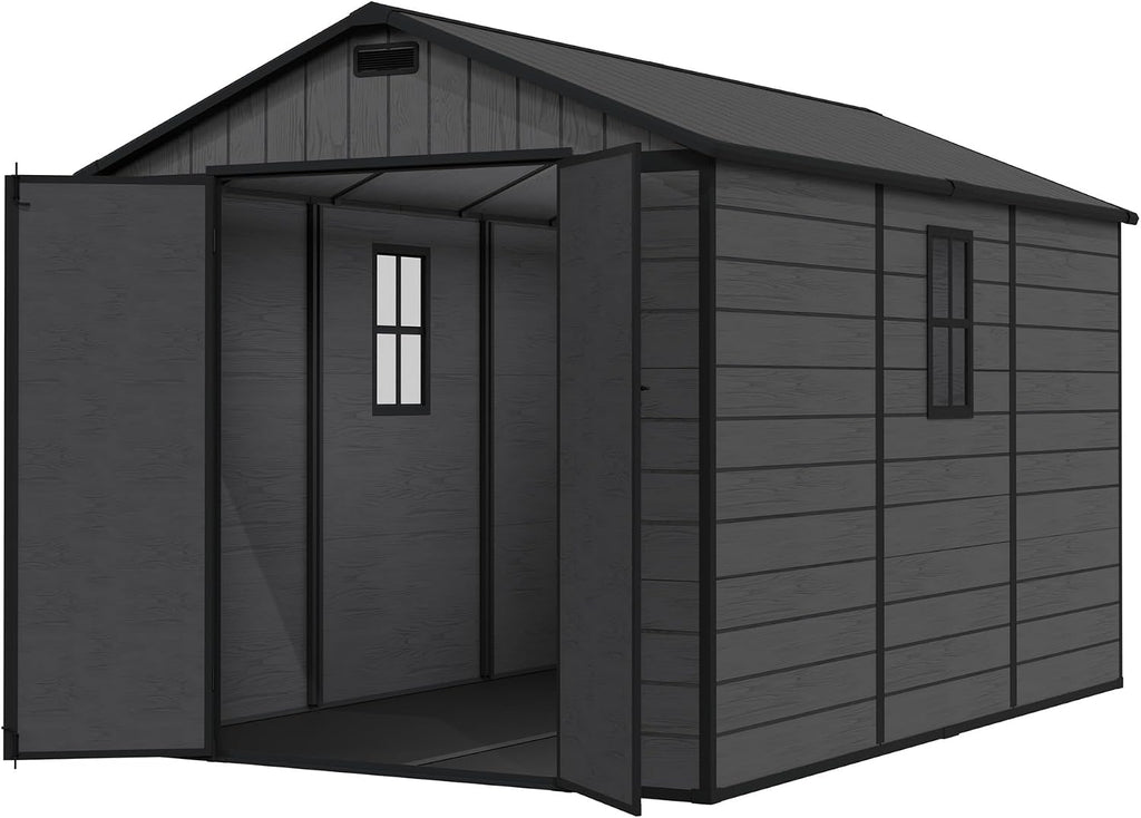 Amopatio 8X12 FT Resin Storage Shed with Floor Included, Plastic Outdoor Shed with Lockable Door, Window & Vents, for Lawnmower, Garden Tools, Pool Supplies, Dark Grey