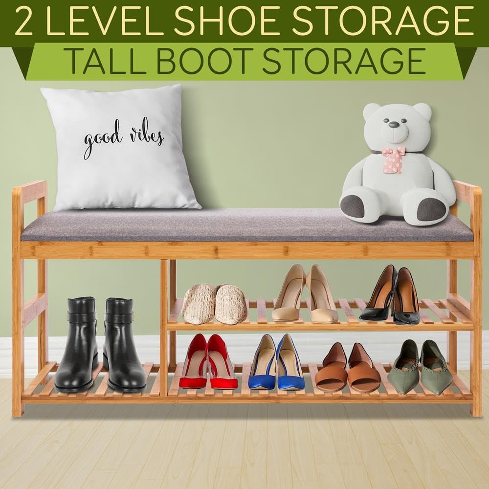 SereneLife 2 in 1 Bamboo Shoe Rack Bench with Storage and Cushion Seat, 3 Tier Small Organizer Wooden Furniture, for Entryway, Hallway, Living Room, Bathroom, Garage, Bedroom, Indoor and Outdoor Use