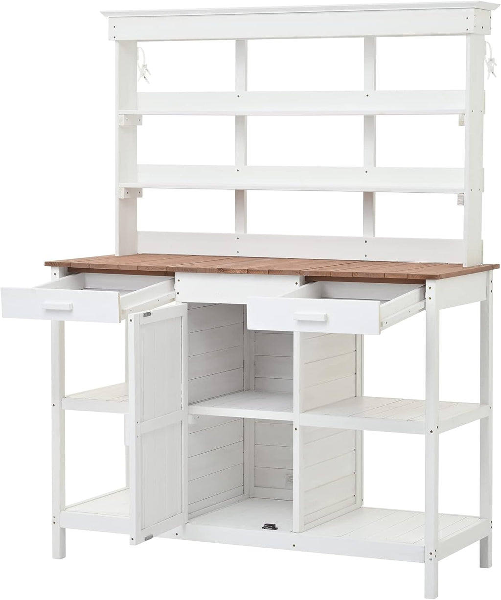 JIVOIT Outdoor Garden Potting Bench Table, 66' Large Farmhouse Wooden Garden Potting Table with 2 Drawers, Cabinet and 4-Tier Open Shelves, Garden Workstation Backyard Mudroom