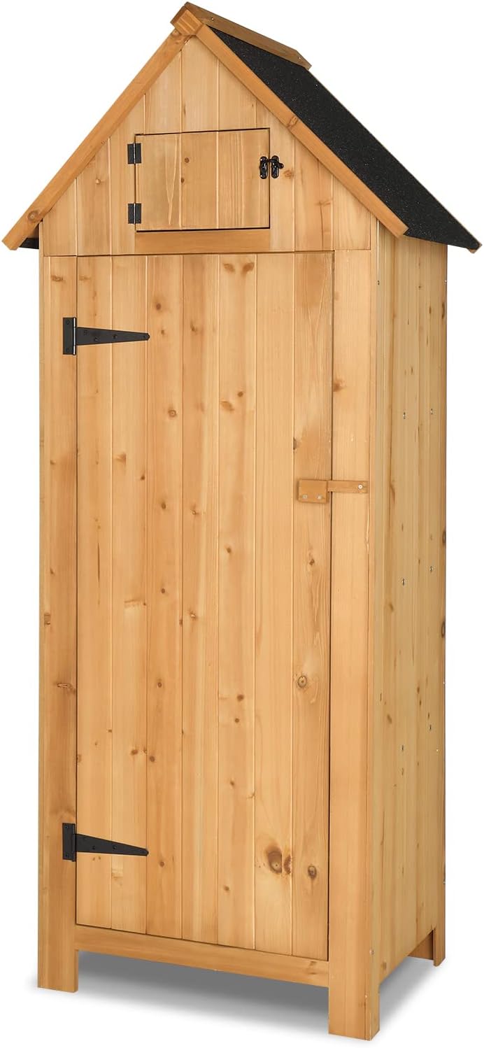 Outvita Outdoor Storage Cabinet, 70in Wooden Vertical Garden Tools Shed, Patio Storage Organizer with Latch & Waterproof Roof for Yard Deck Lawn Equipment, Natural