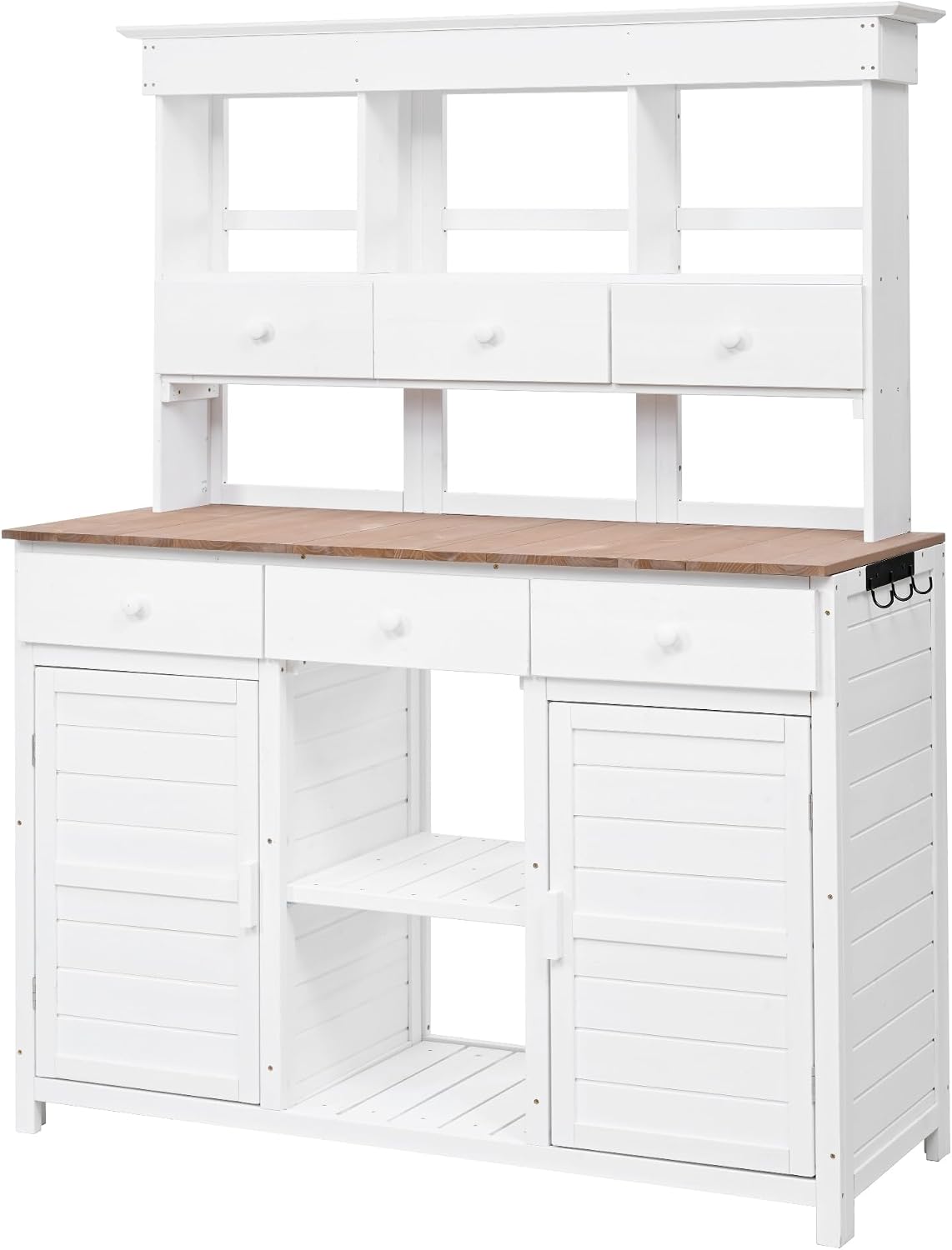 Harper & Bright Designs 65.7'' H Tall Garden Potting Bench Table with Hutch,Patio Storage Workstation with 3 Shelves,6 Drawers,2 Bottom Cabinets&Side Hooks for Mudroom,Doorway, White
