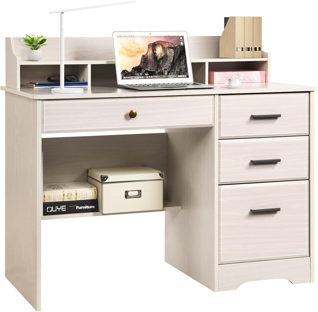 Catrimown Computer Desk with Drawers and Hutch, Farmhouse Home Office Desk, Wood Student Desk with File Drawer for Bedroom, Writing Table for Small Space, Warm White