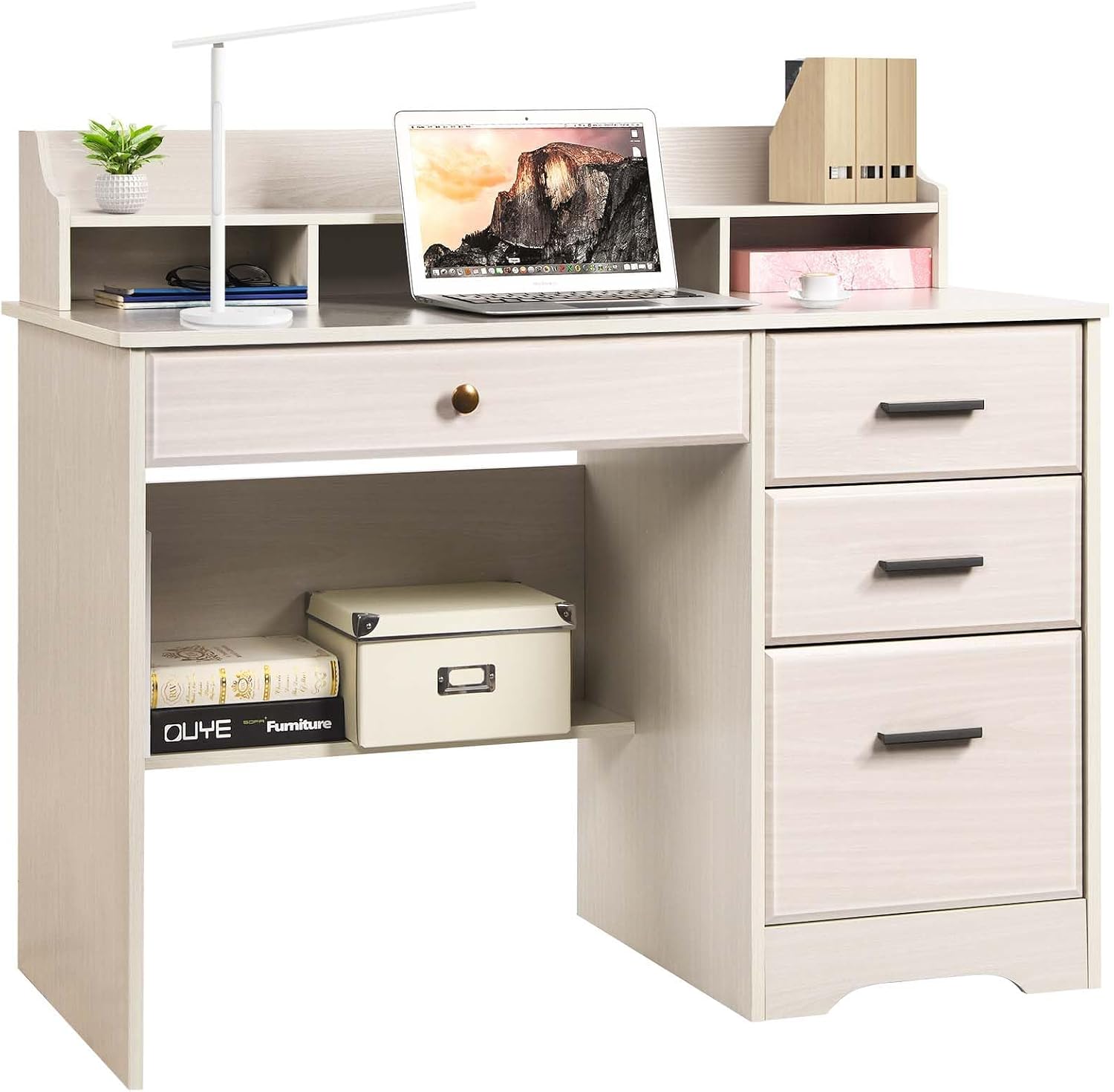 Catrimown Computer Desk with Drawers and Hutch, Farmhouse Home Office Desk, Wood Student Desk with File Drawer for Bedroom, Writing Table for Small Space, Warm White
