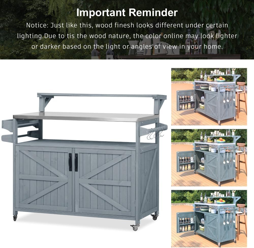 53.3' Outdoor Kitchen Island with Raised Shelf, Solid Wood Storage Cabinet with Stainless Steel Top, Outdoor Rolling Grill Cart with Internal Storage Rack, Adjustable Shelf, Spice Rack (Grey)