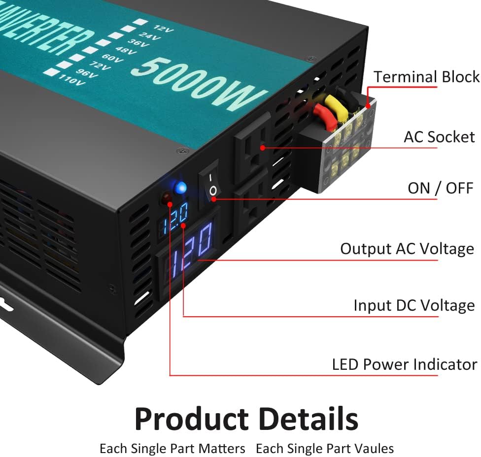 WZRELB RBP-500012S Pure Sine Wave 5000W (10000W Surge) 12V Power Inverter DC to AC Power - Solar, RV, Black