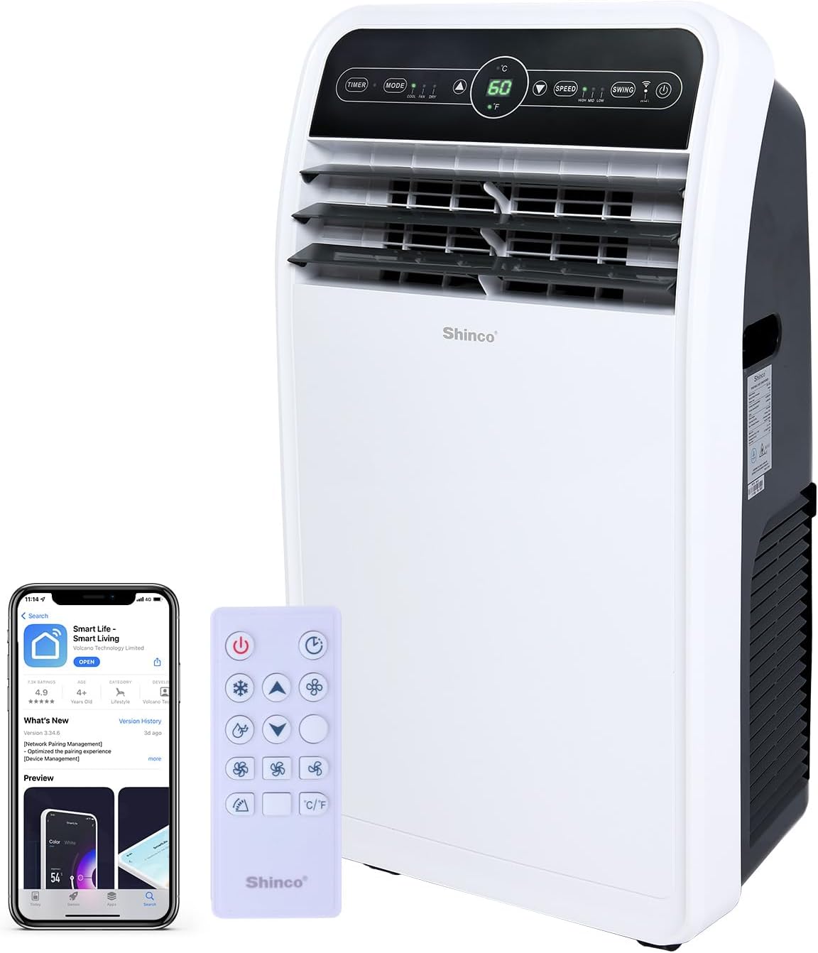 Shinco 12,000 BTU Portable Air Conditioner with WiFi, Portable AC Unit with Built-in Cool, 3-in-1 Cooling Fan & Dehumidifier for Rooms up to 450 Sq.Ft, Remote, 24H Timer, Installation Kits