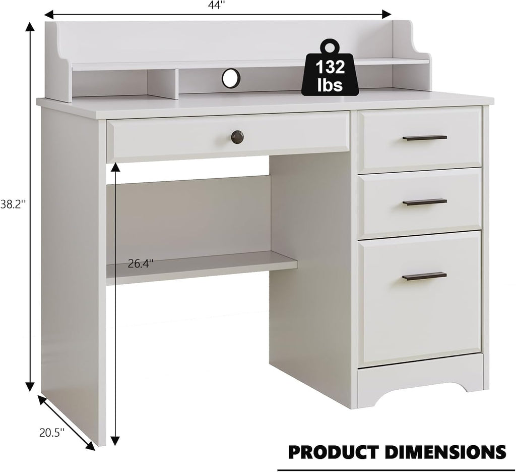 4 EVER WINNER White Desk with Drawers, 44 Inch Small Computer Desk with File Drawer and Monitor Stand, Wood Desk with Storage Shelf for Small Spaces, Living Room, Bedroom, White