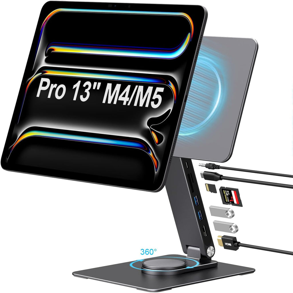 iPad Pro 13-inch(M4/M5 Magnetic Stand Hub, Foldable Stand Dock Holder for iPad Pro M4&M5 with 360° Rotation, 4K HDMI, Card Readers, USB3.0 5Gbps, 100W PD, 3.5mm Audio (M4&M5-13inch)