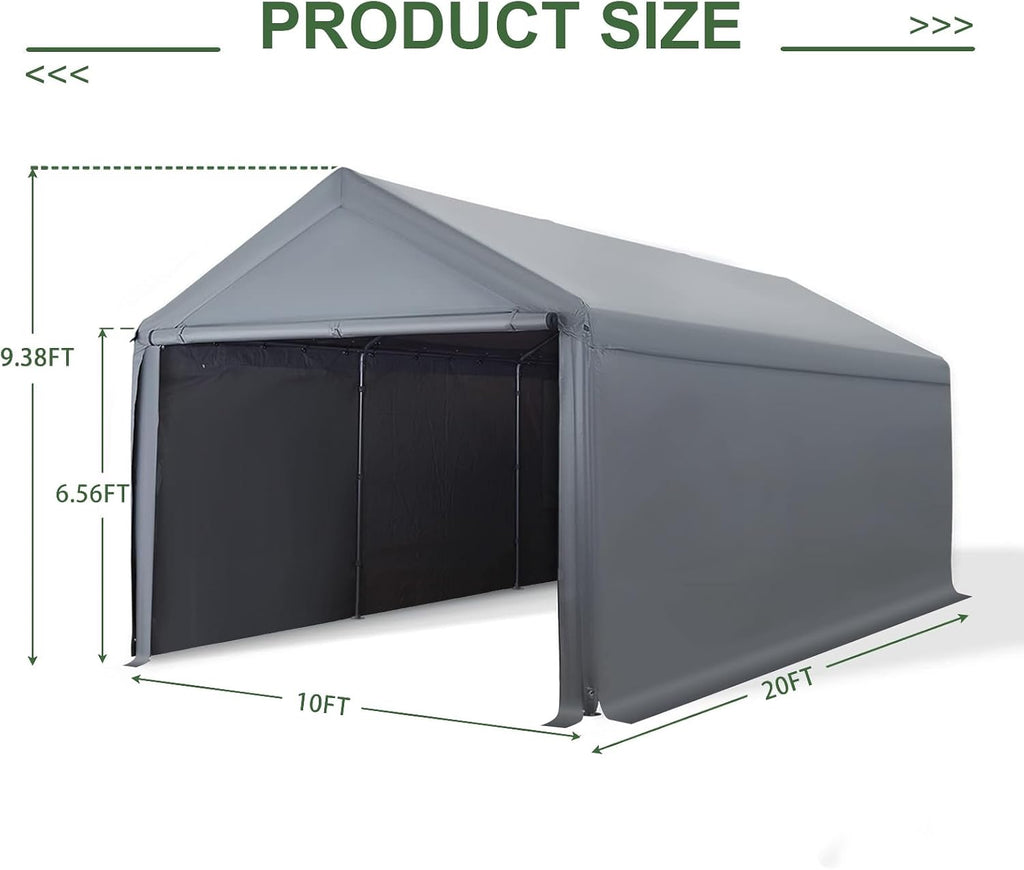 10x20 FT Heavy Duty Carport Car Tent Car Canopy Storage Shed, Portable Garage with Removable Sidewalls & Doors All-Season Tarp for Car,Truck,SUV,Party Grey