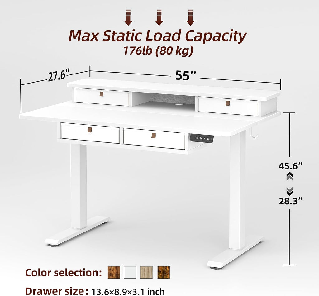 TIQLAB 55 * 28 Inch Standing Desk with Four Drawers, Electric Sit Stand Table, Stand Up Desk Adjustable Height with Storage Shelf, Splice Board, White