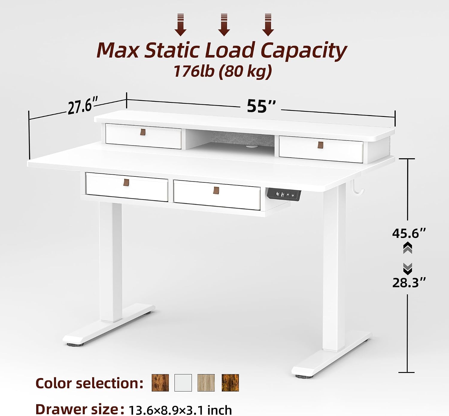 TIQLAB 55 * 28 Inch Standing Desk with Four Drawers, Electric Sit Stand Table, Stand Up Desk Adjustable Height with Storage Shelf, Splice Board, White