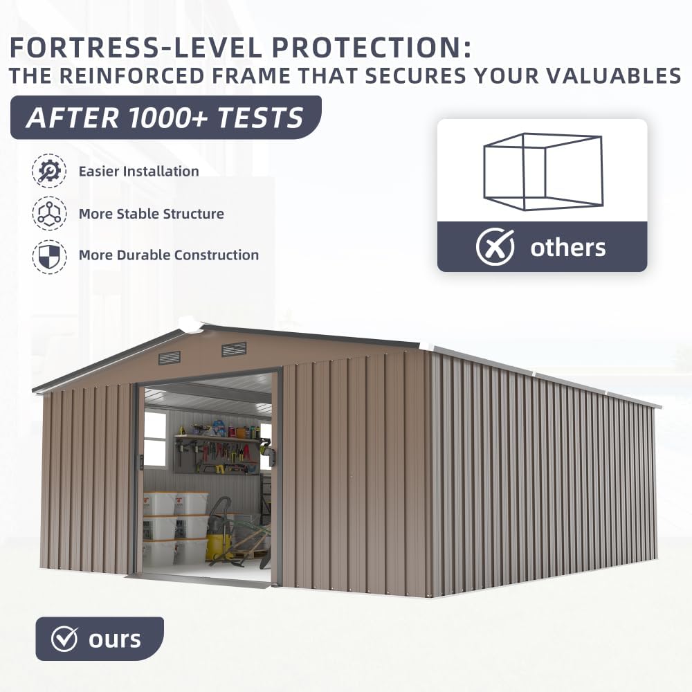 10x12 FT Outdoor Storage Shed with Floor Included and Two Daylight Windows, Large Metal Garden Shed for Backyard Organization (Brown)