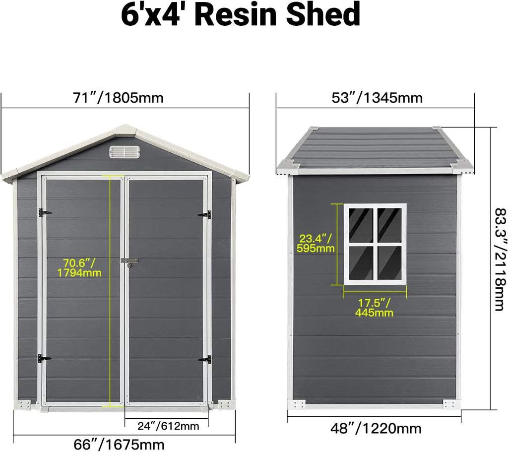 YOPTO 6x4 FT Plastic Storage Shed,Outdoor Storage Shed with Floor and Lockable Door,Waterproof Garden Shed W/Windows & Vents,Sloped Roof,Tool House for Storing Bicycles,Lawnmowers,Gray