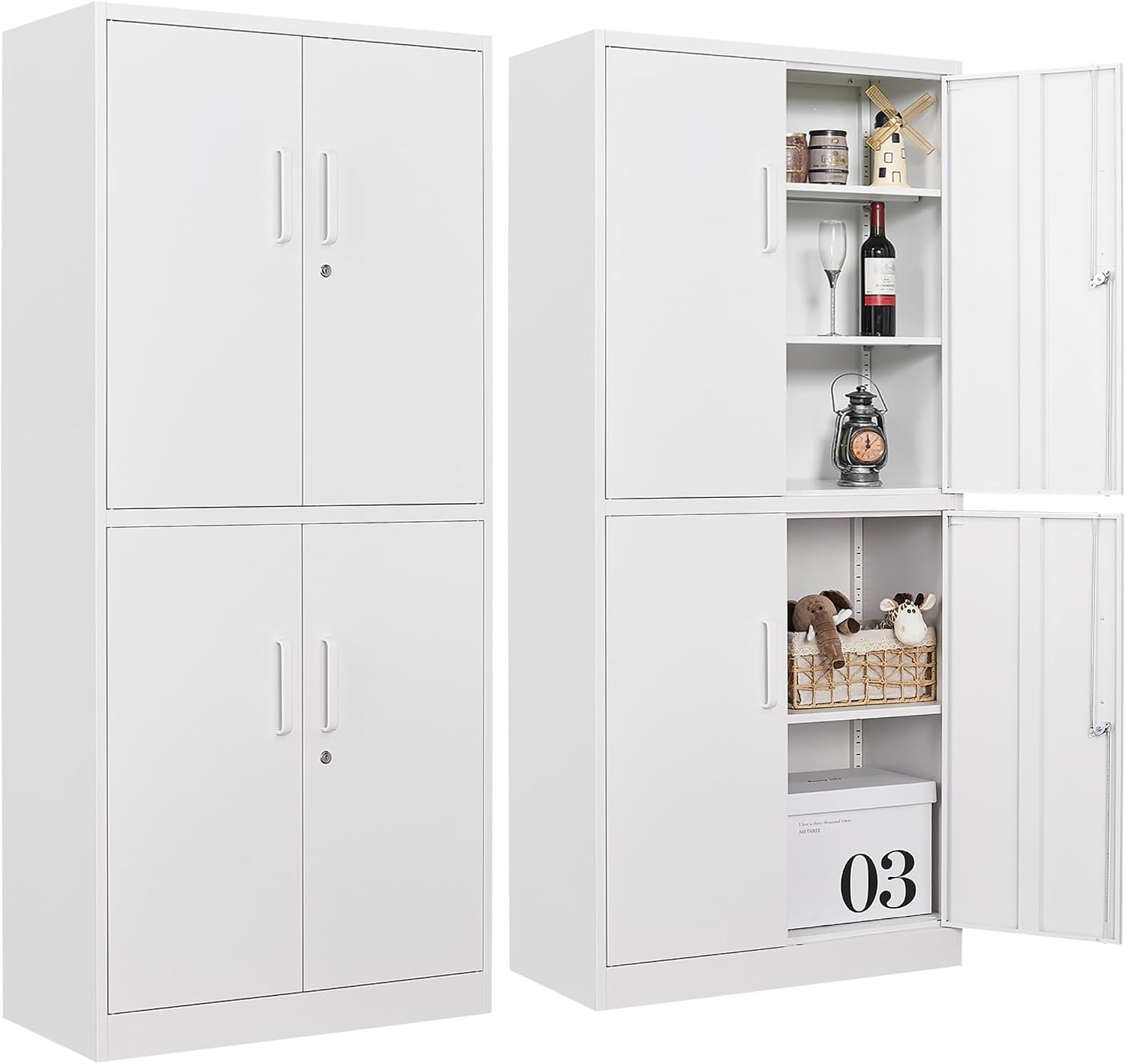 Metal Storage Cabinet with 3 Adjustable Shelves,White Storage Cabinet with Lock,71' Lockable Metal Cabinets with Locking Doors,Tall Steel Pantry Cabinets 4 Door for Home,Office,Garage,Bathroom,Kitchen