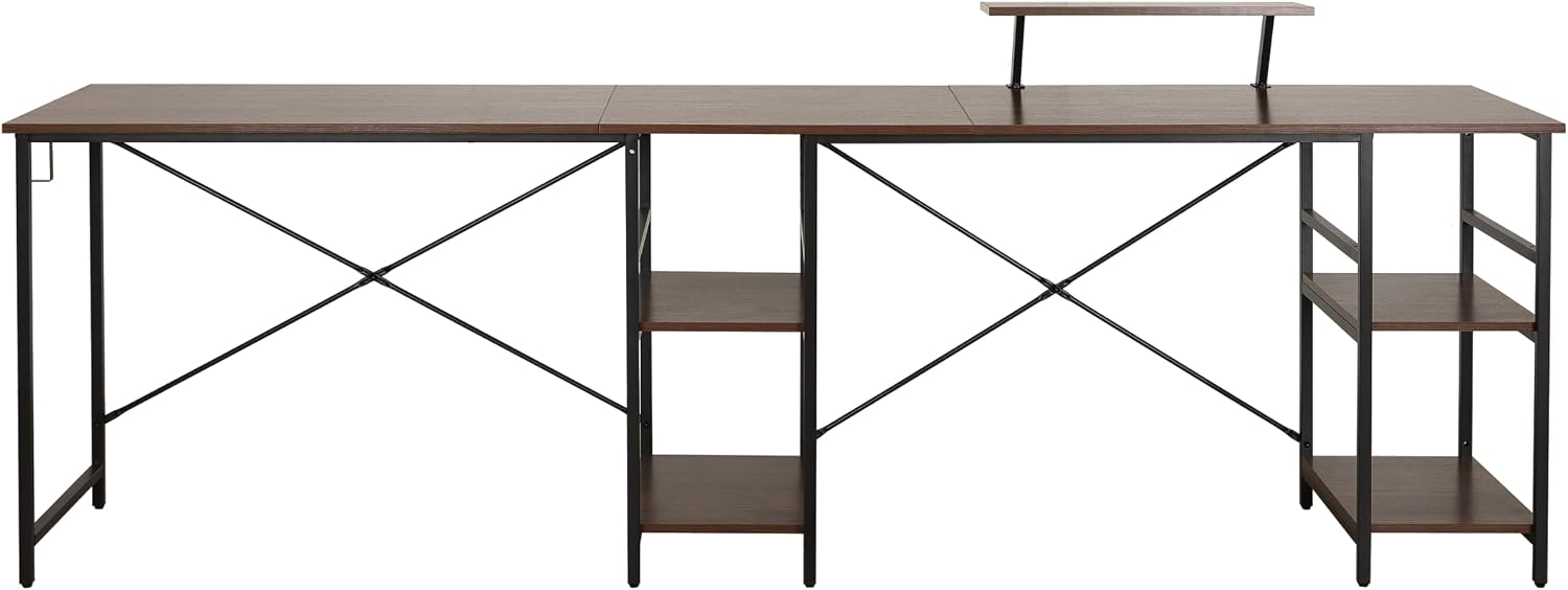 Techni Mobili Office Desk - Reversible L Shaped Desk with Storage Shelves, Monitor Stand & Accessory Holder - Ergonomic & Industrial Workstation Corner Table with Durable Steel Frame, Walnut