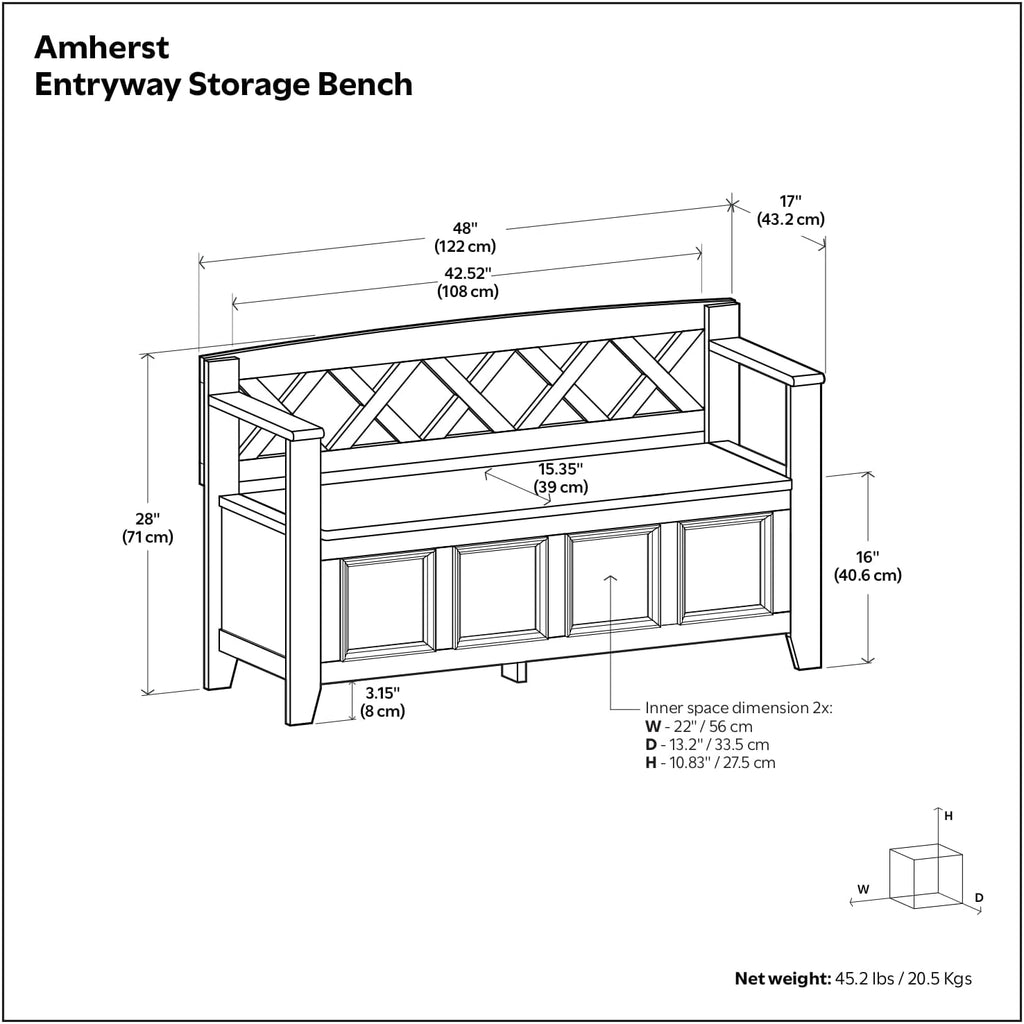 SIMPLIHOME Amherst Entryway Storage Bench - 48 inch Wide Solid Wood Hallway Seat in Farmhouse Brown, Transitional Bench for Entryway or Living Room with Lift-Up Lid and Spacious Storage