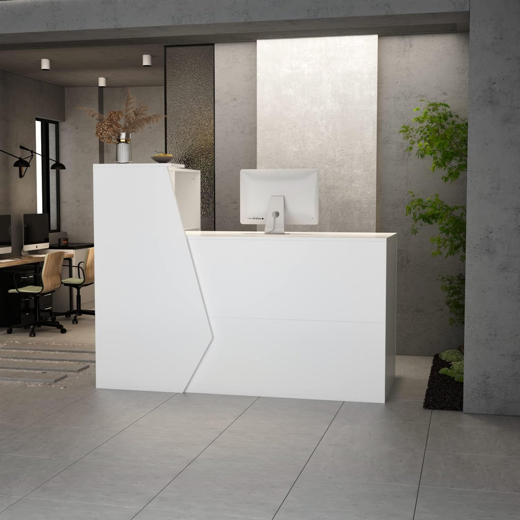 ECACAD 55.1' W L-Shaped Reception Desk with Lockable Drawer, Open Shelves & Keyboard Tray, Office Desk Reception Counter Table with File Cabinet and Black Stickers, White