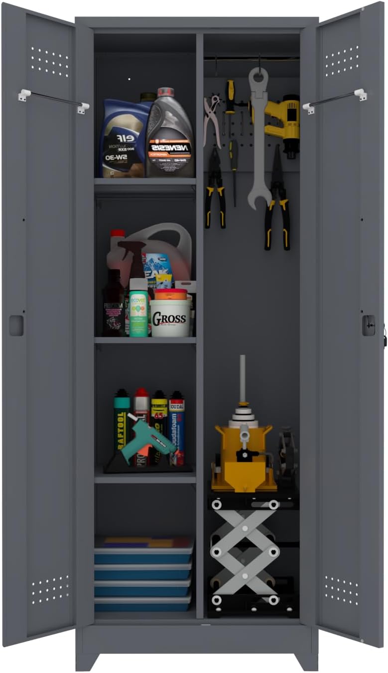 LUCYPAL 65' H Metal Garage Storage Cabinet with Shelves and Lock,Broom Closet Storage Cabinet with Hanging Rods for Mops,Garage Tool Cabinets for Utility Room,Laundry Room,Grey