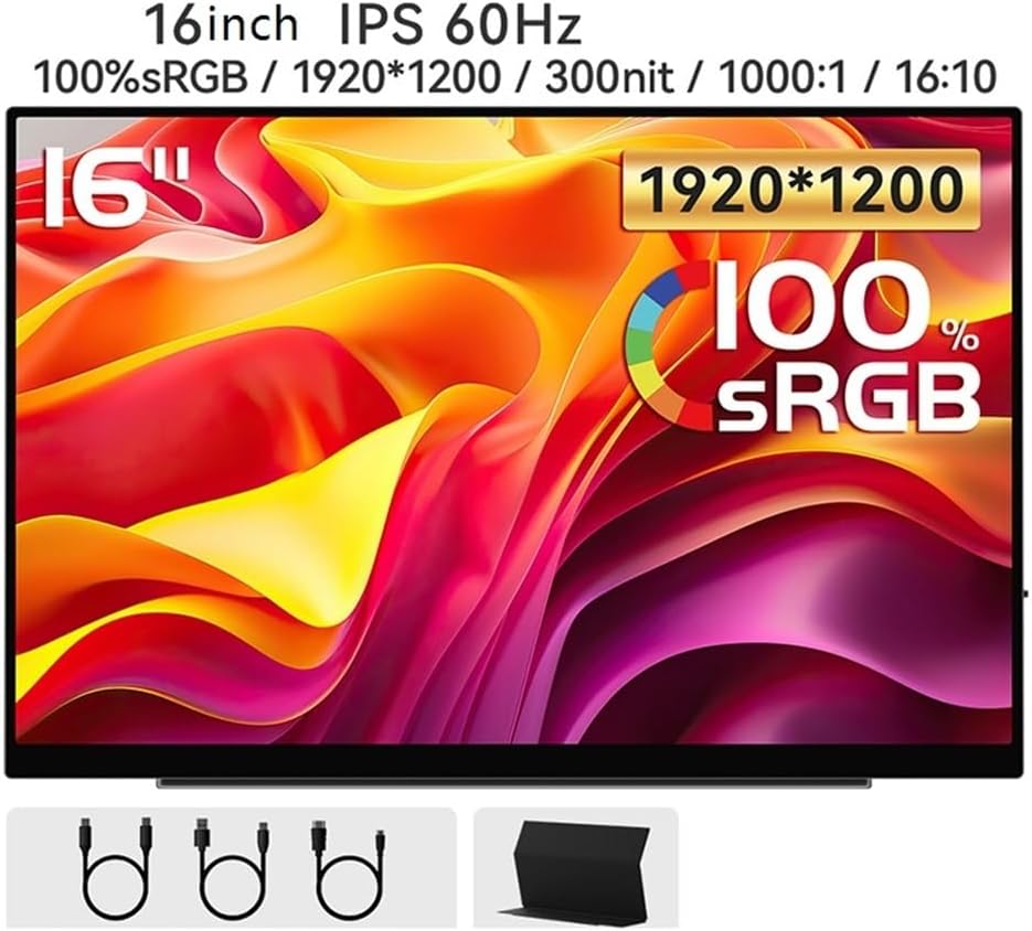 Portable Monitors 1920 * 1200 Resolution 16-inch 60HZ IPS Display for Mobile Phone, Office and Games