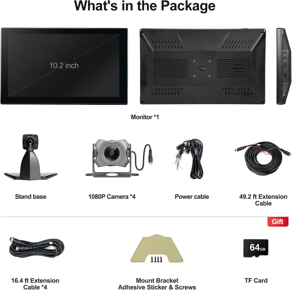 4-Channel 1080P Backup Camera for Truck/RV/Semi Trailer/Van/Cars 10.2inch Touch Monitor with DVR Recording/Playback/Bluetooth/FM Radio/Music/Video Player