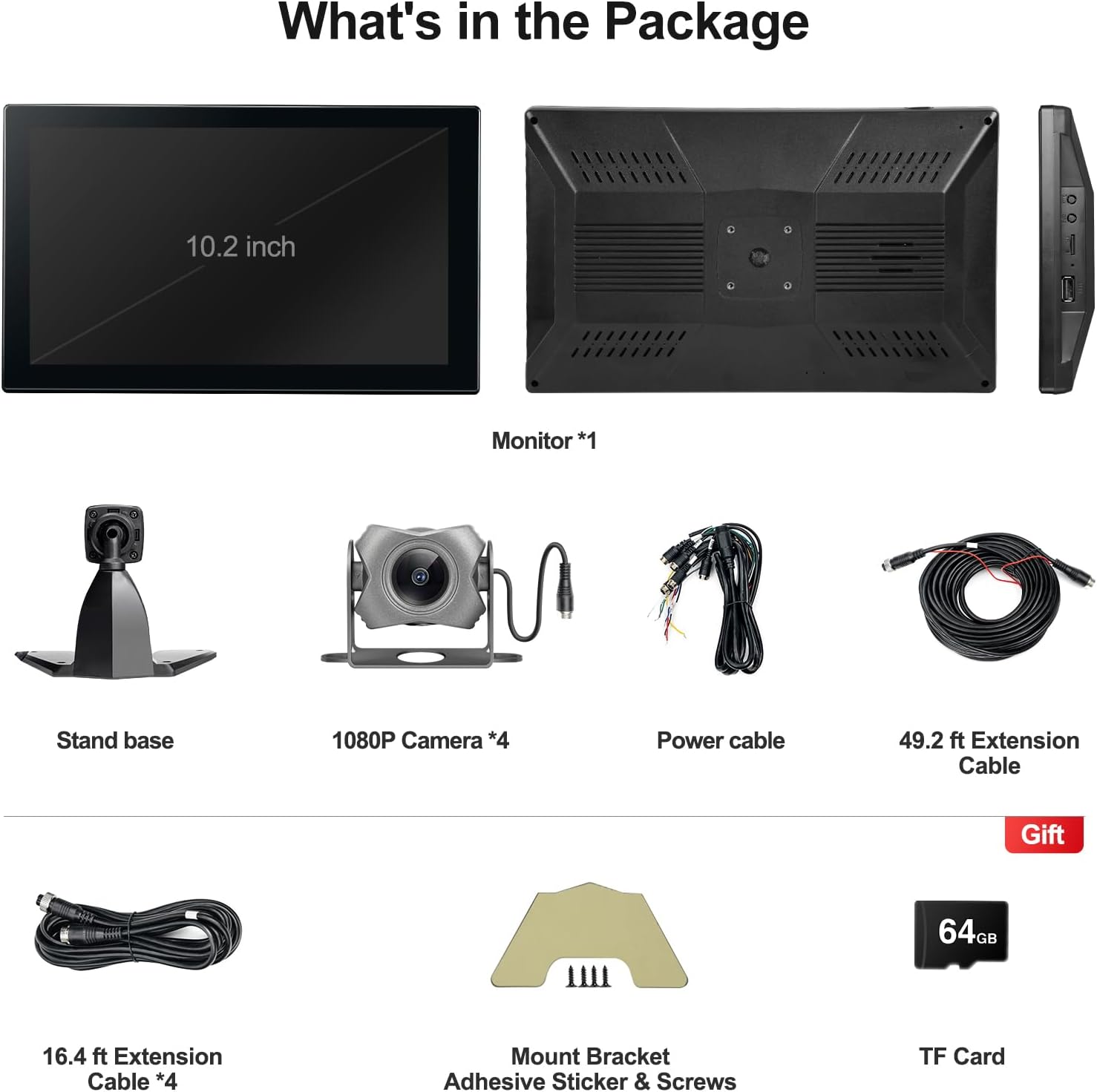 4-Channel 1080P Backup Camera for Truck/RV/Semi Trailer/Van/Cars 10.2inch Touch Monitor with DVR Recording/Playback/Bluetooth/FM Radio/Music/Video Player