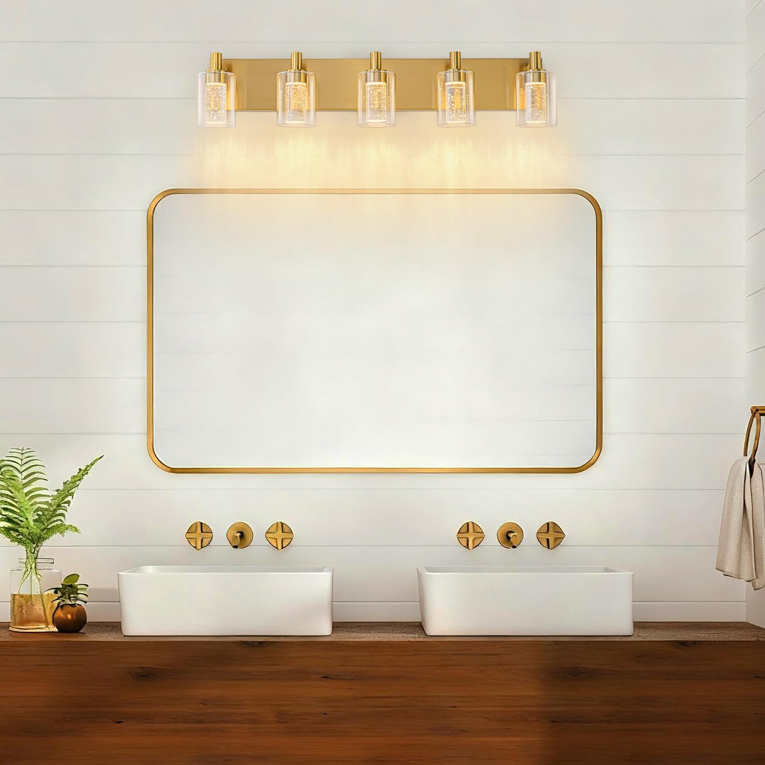 SineRise Vanity Light with 3 Color Modes (3000K/4000K/6000K), Eye Protection LED Bathroom Light Fixture, Dimmable Modern Wall Light Over Mirror with Clear Glass Shade (Gold, 5-Light)