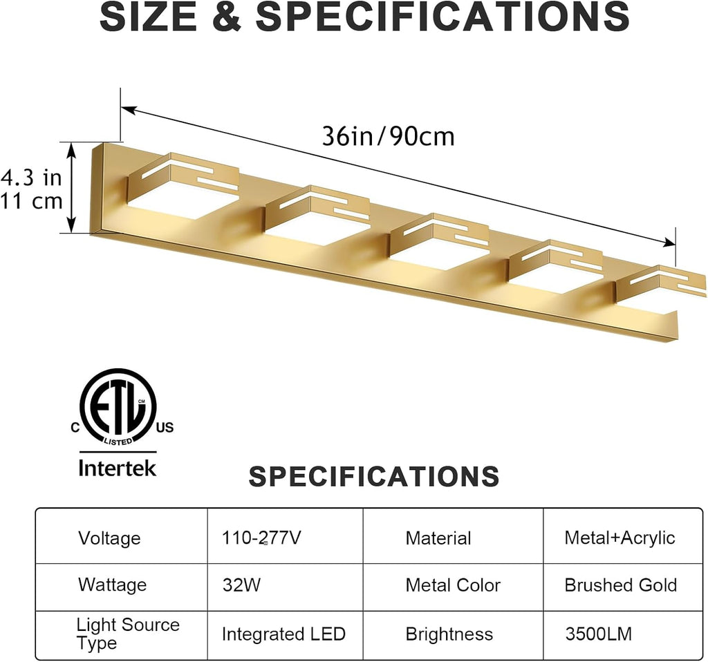 LED Modern Bathroom Vanity Light Fixtures, Dimmable Gold Vanity Lights for Bathroom Lighting Fixtures Over Mirror, with 360° Rotatable Heads 5-Light 36-inch (Cool White 6000K)