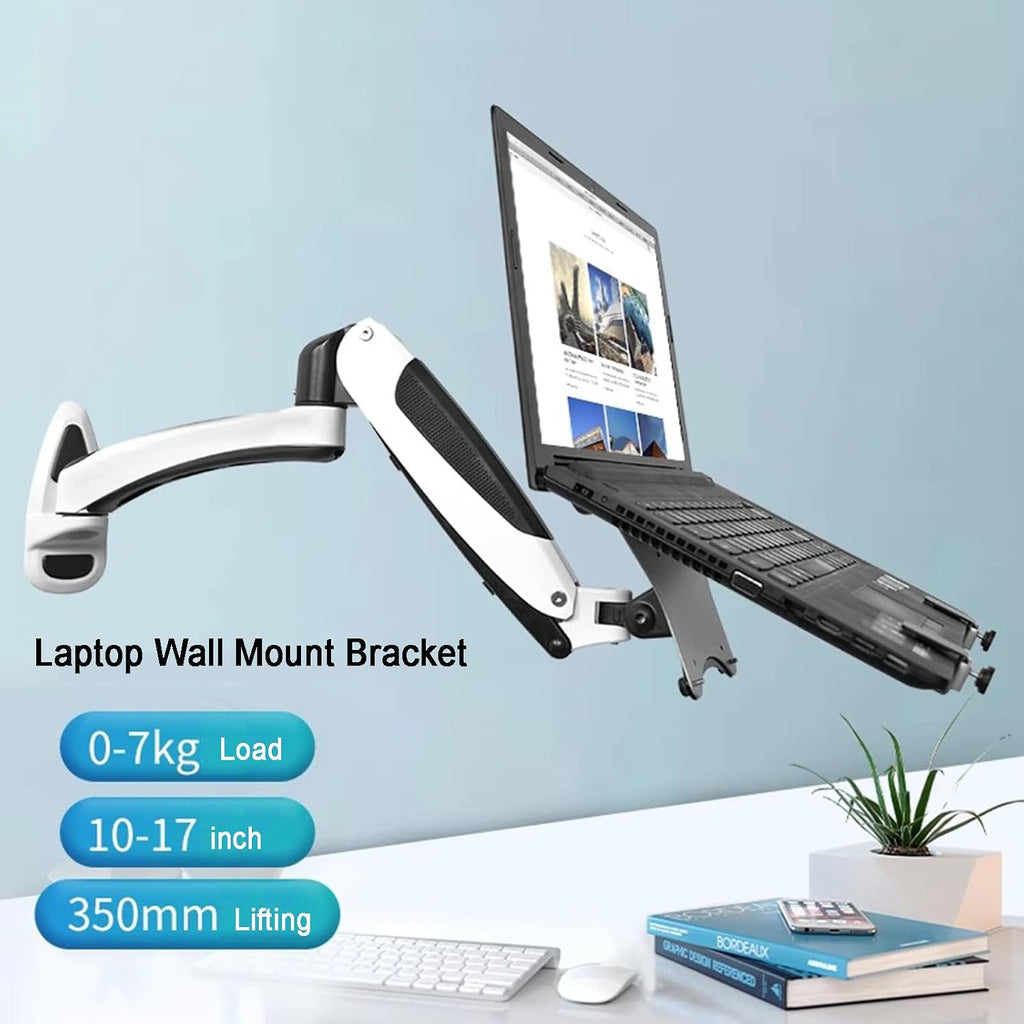 Laptop Wall Mount, Adjustable Laptop Holder, Vented Cooling Platform, with Pneumatic Extended Arm - Height Adjustable, Holds Up to 7KG, Fits 10 to 17 Inch Screen, White