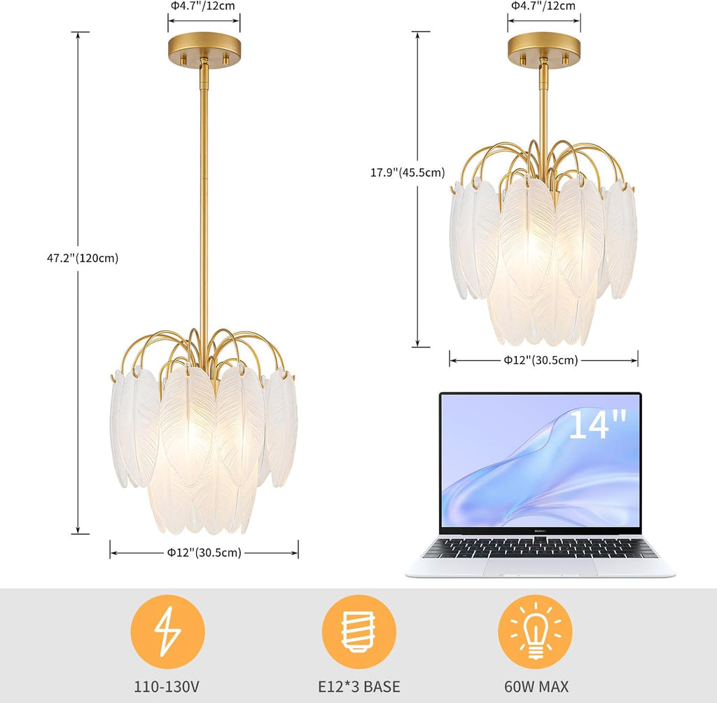 LumFurn D12in Glass Chandeliers, 3-Light Modern Pendant Light Fixture for Kitchen, Dining Room, Living Room, D12x18~47in Adjustable Height, Frosted Glass Feather Shade & Gold Finish Frame