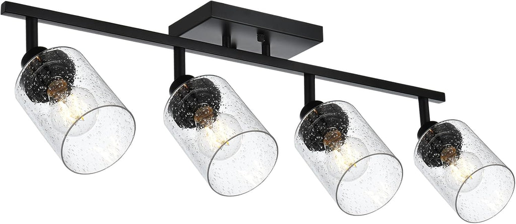 4-Light Black Track Lighting Kit Ceiling Mount Kitchen Track Lighting Fixtures, Bathroom Ceiling Tracking Vanity Light with Bubble Seeded Glass Shade & Rotatable Tracking Heads for Accent Shop