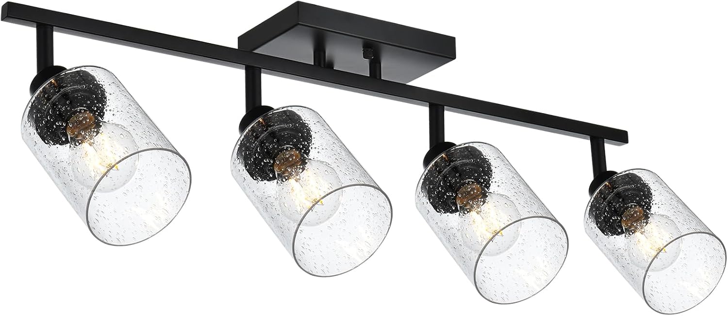 4-Light Black Track Lighting Kit Ceiling Mount Kitchen Track Lighting Fixtures, Bathroom Ceiling Tracking Vanity Light with Bubble Seeded Glass Shade & Rotatable Tracking Heads for Accent Shop