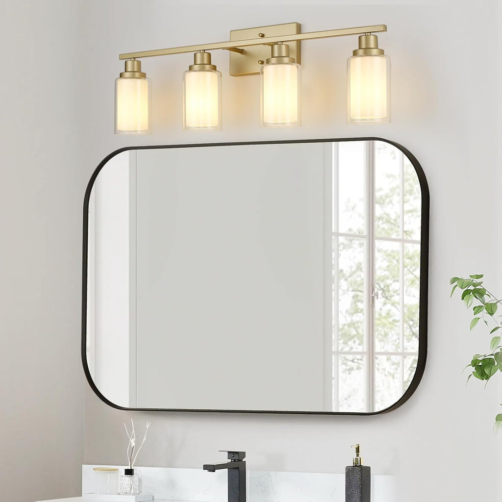 Jonsi Bathroom Vanity Light 4-Light Gold Vanity Lights 31' Bathroom Light Fixtures Over Mirror with Double Clear Glass Modern Wall Sconces for Living Room Hallway Bedroom
