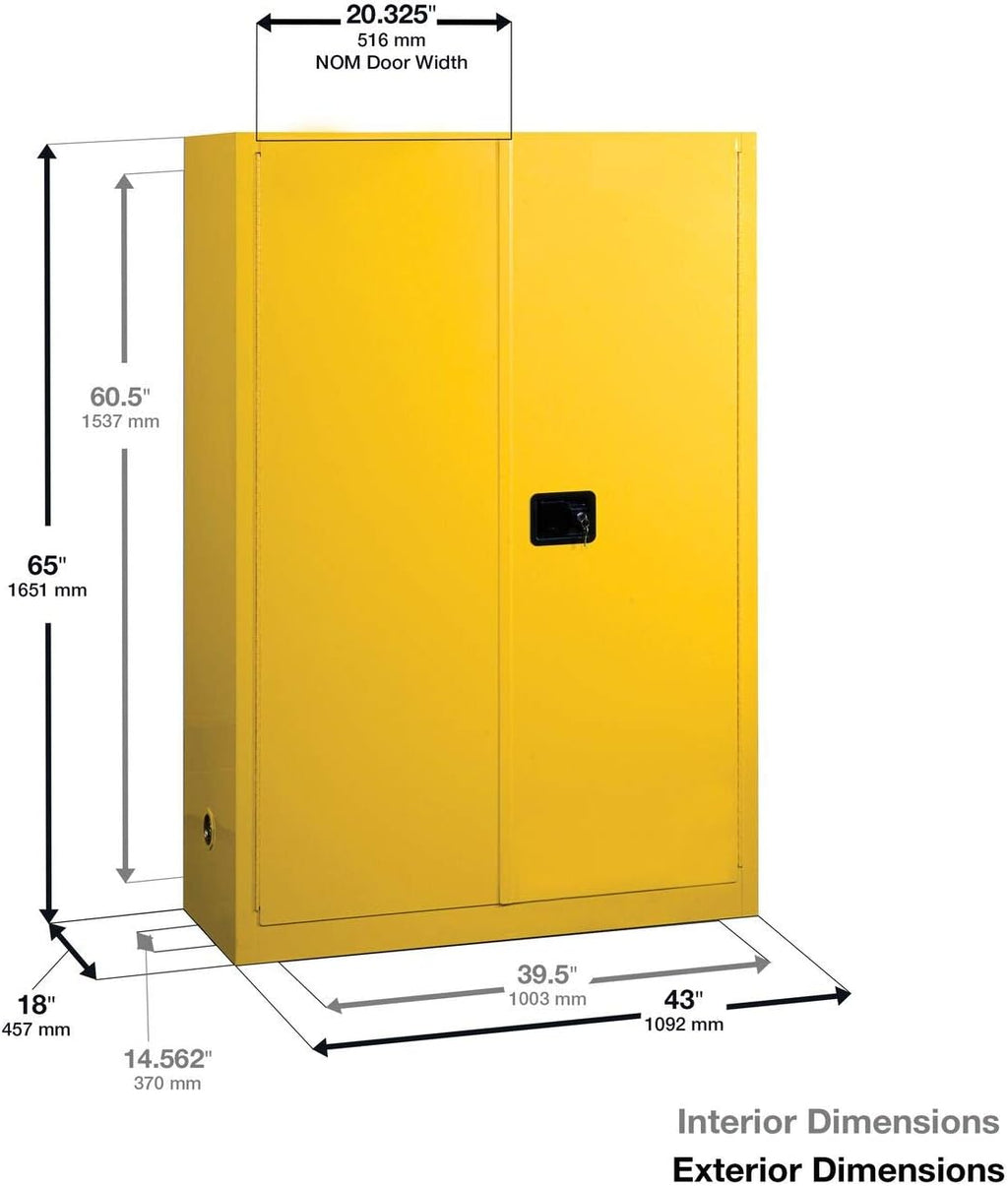 Justrite 45 Gallon Manual Close Flammable Storage Cabinet, 18 Gauge Steel, 2 Shelves, 2 Door Fire Cabinet, 65' x 43' x 18', Made in The USA, Yellow, 894500
