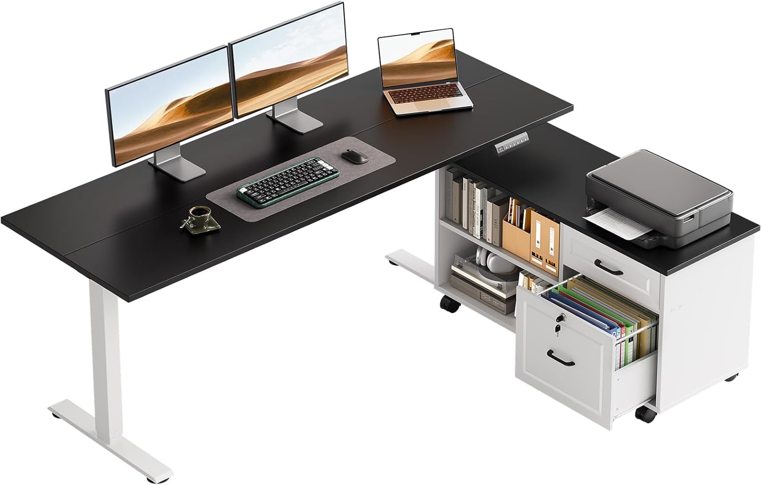 OffiGo 55 Inch L Shaped Electric Standing Desk with Drawers & File Cabinet Sets, Executive Sit Stand Desk, Height Adjustable Computer Desk for Home Office, Writing, Workstation, Black+White