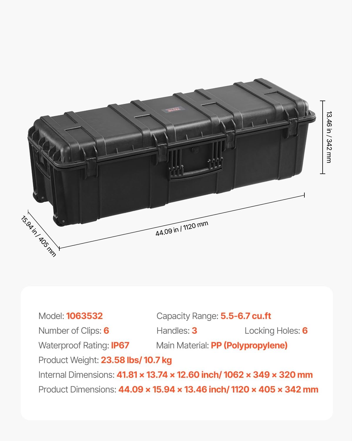 VEVOR Weatherproof Hard Case, Heavy Duty Protective Dry Box Case with Pre-Cut Foam Retractable Pull Handles for Travel, Hunt, Military, Tactical, IP67 Waterproof Case for Cameras(44.09*15.94*13.46)
