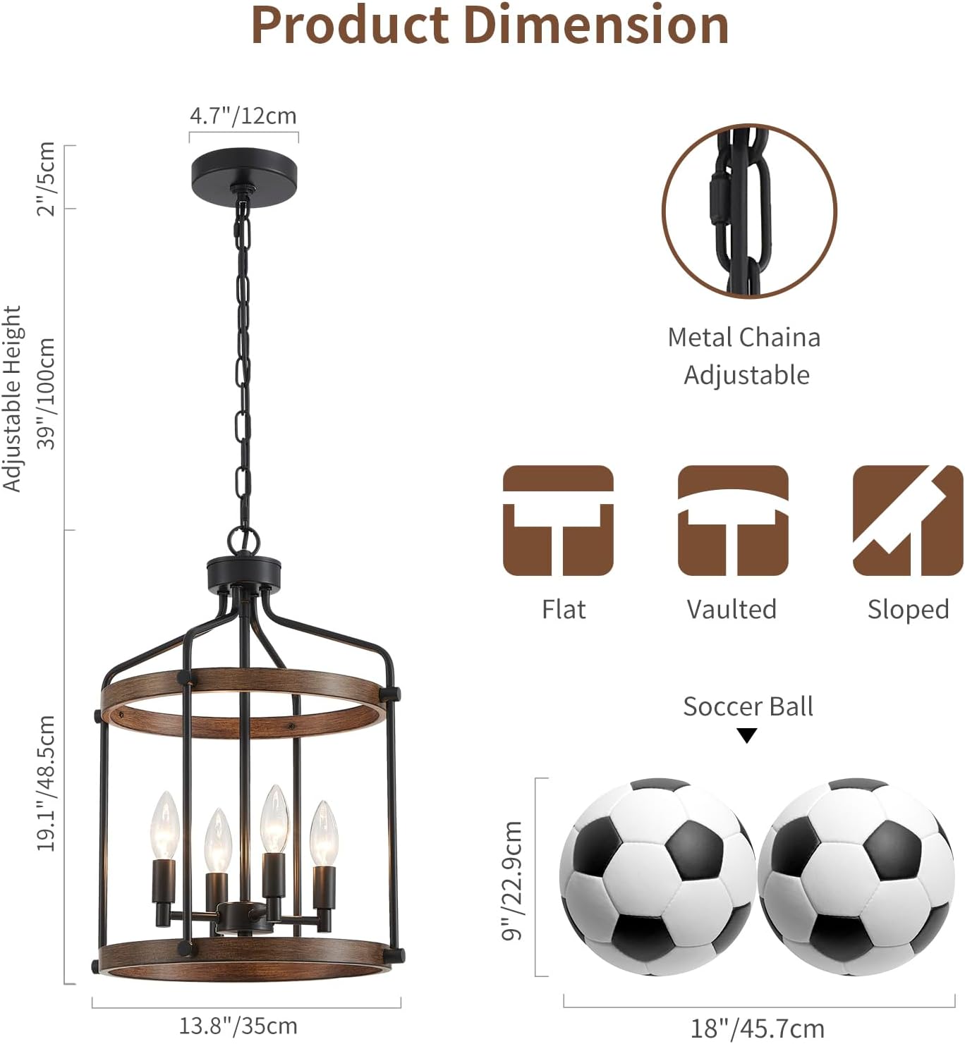 Modern Black Chandelier, 4-Light Farmhouse Dining Room Light Fixture Over Table, Muted Black with Retro Wood Texture Shade, Rustic Cage Hanging Pendant Lighting for Hallway Entryway Kitchen Bedroom
