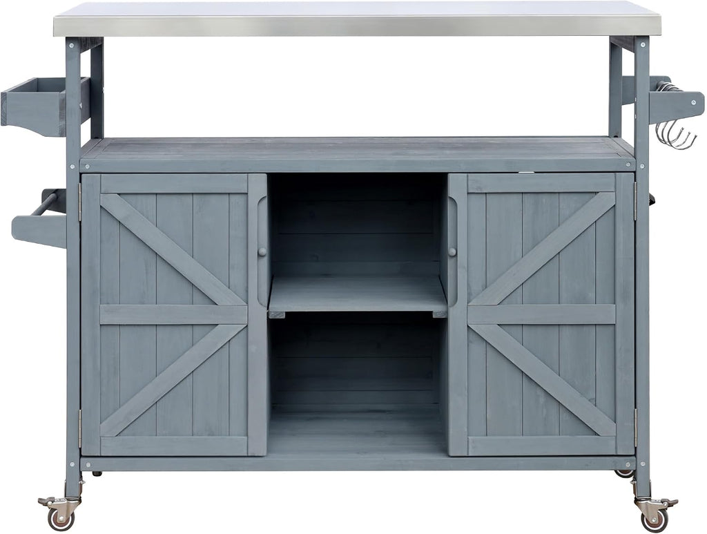 Ball & Cast Outdoor Kitchen Island,Rolling Bar Cart & Storage Cabinet,Farmhouse Solid Wood Outdoor Grill Table with Stainless Steel Top,Spice and Towel Rack,for Kitchen,Barbecue,Grey+Blue,50.25'