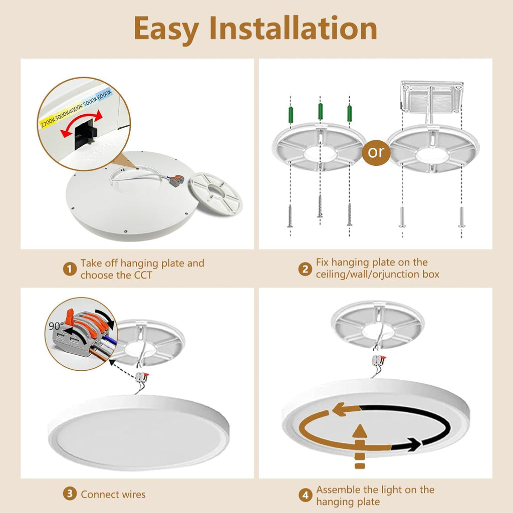 Dimmable 12Inch LED Flush Mount Ceiling Light, 24W, 2520LM, 2700K/3000K/4000K/5000K/6000K CCT Selectable,LED Round Flat Panel Light Dimmable from 5% to 100% for Bedroom,Kitchen,Hallway, White 12PK