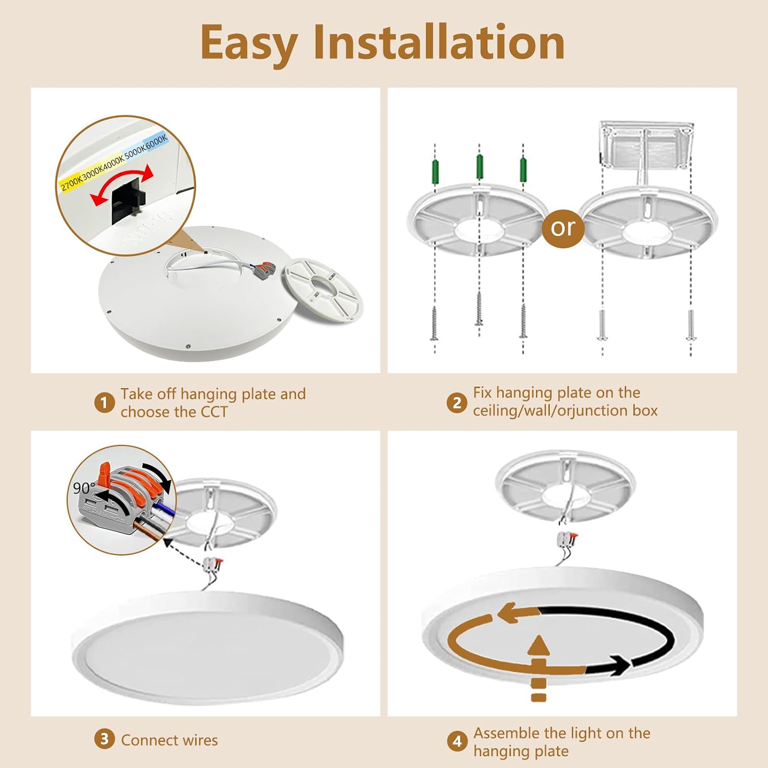 Dimmable 12Inch LED Flush Mount Ceiling Light, 24W, 2520LM, 2700K/3000K/4000K/5000K/6000K CCT Selectable,LED Round Flat Panel Light Dimmable from 5% to 100% for Bedroom,Kitchen,Hallway, White 12PK