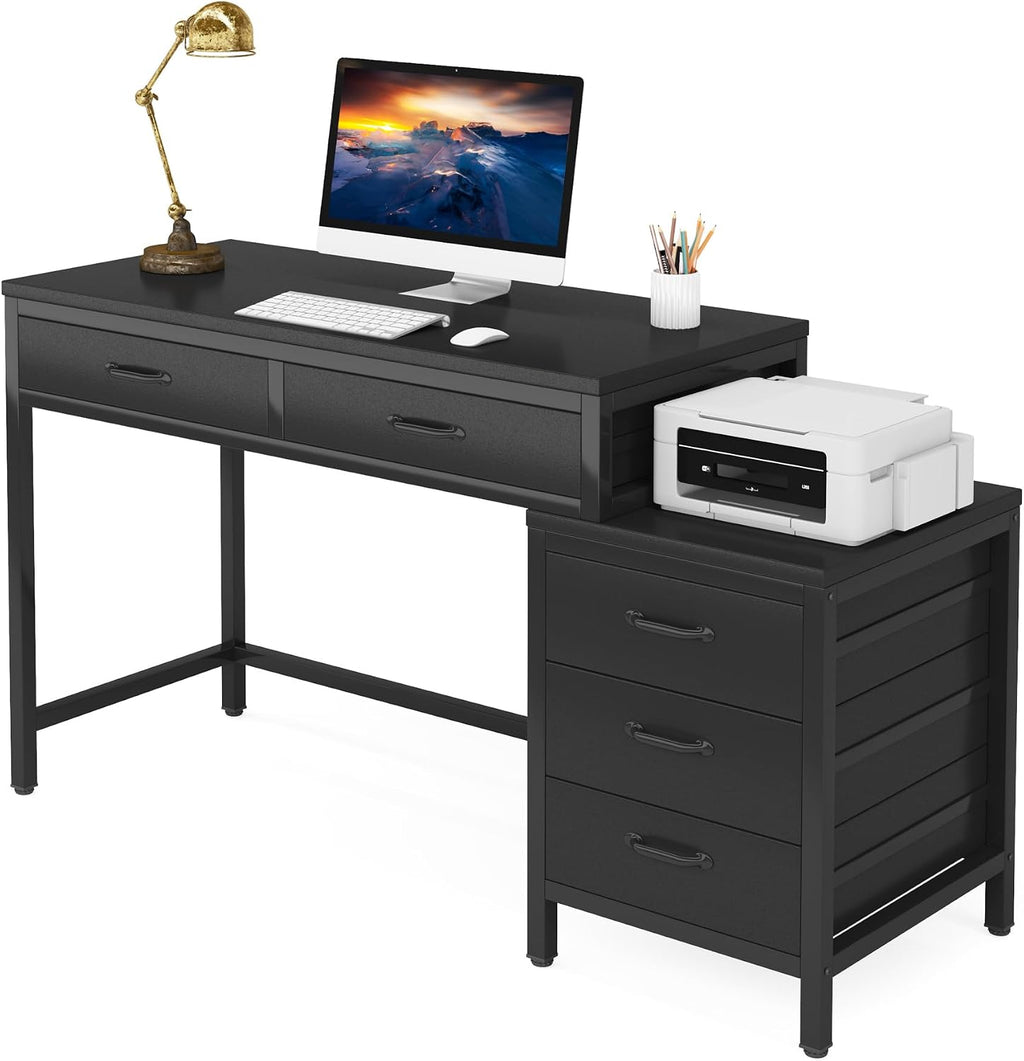 Tribesigns Computer Desk with 5 Drawers, Home Office Desks with Reversible Drawer Cabinet Printer Stand, Industrial PC Desk with Storage, Rustic Study Writing Table Workstation for Small Spaces, Black