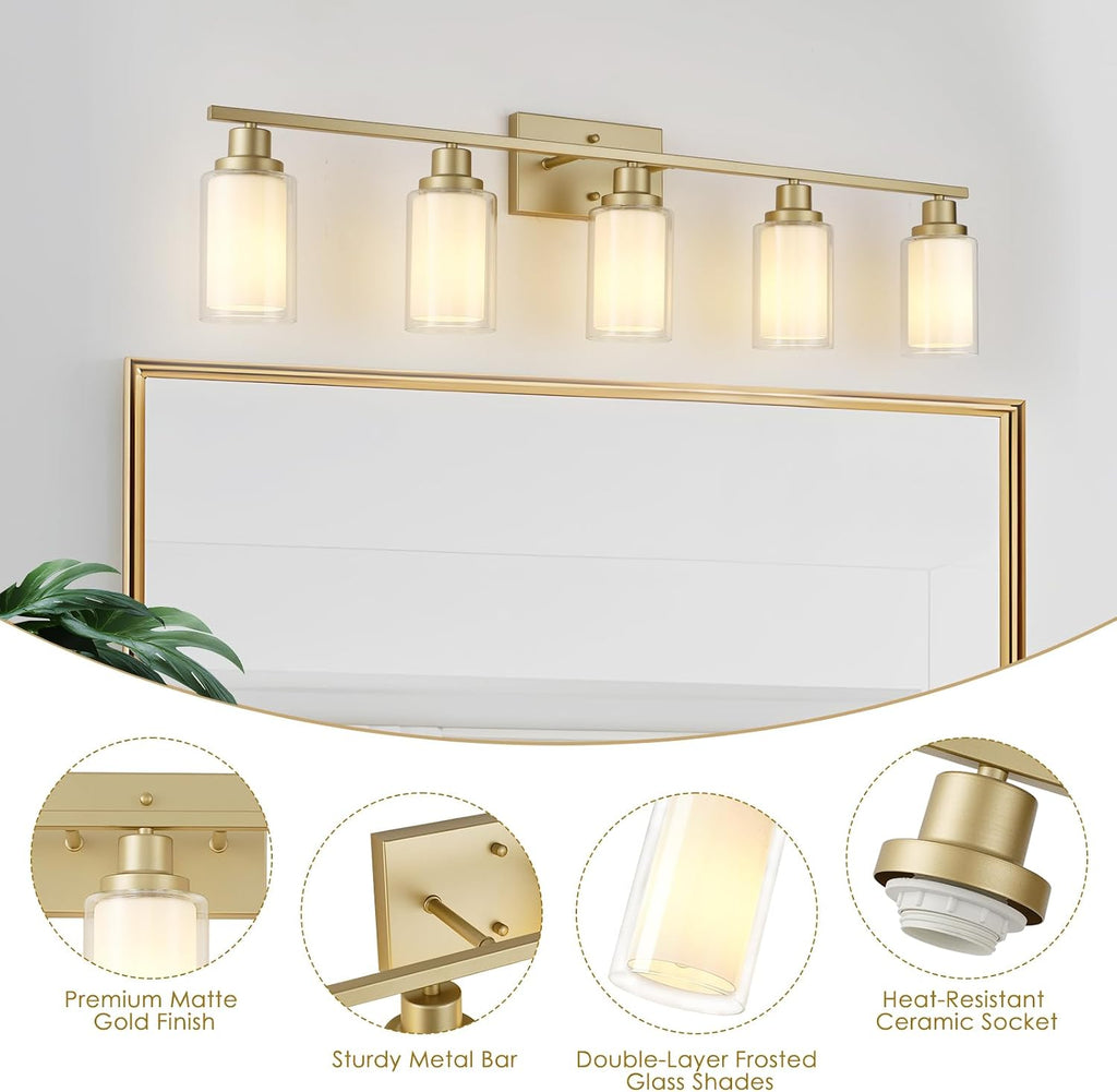 Jonsi Bathroom Vanity Light 5-Light Gold Vanity Lights 40' Bathroom Light Fixtures Over Mirror with Double Clear Glass Modern Wall Sconces for Living Room Hallway Bedroom