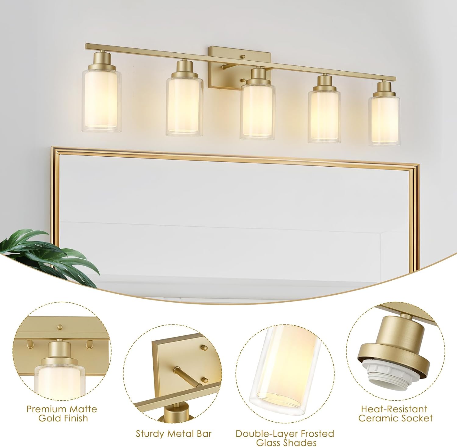 Jonsi Bathroom Vanity Light 5-Light Gold Vanity Lights 40' Bathroom Light Fixtures Over Mirror with Double Clear Glass Modern Wall Sconces for Living Room Hallway Bedroom